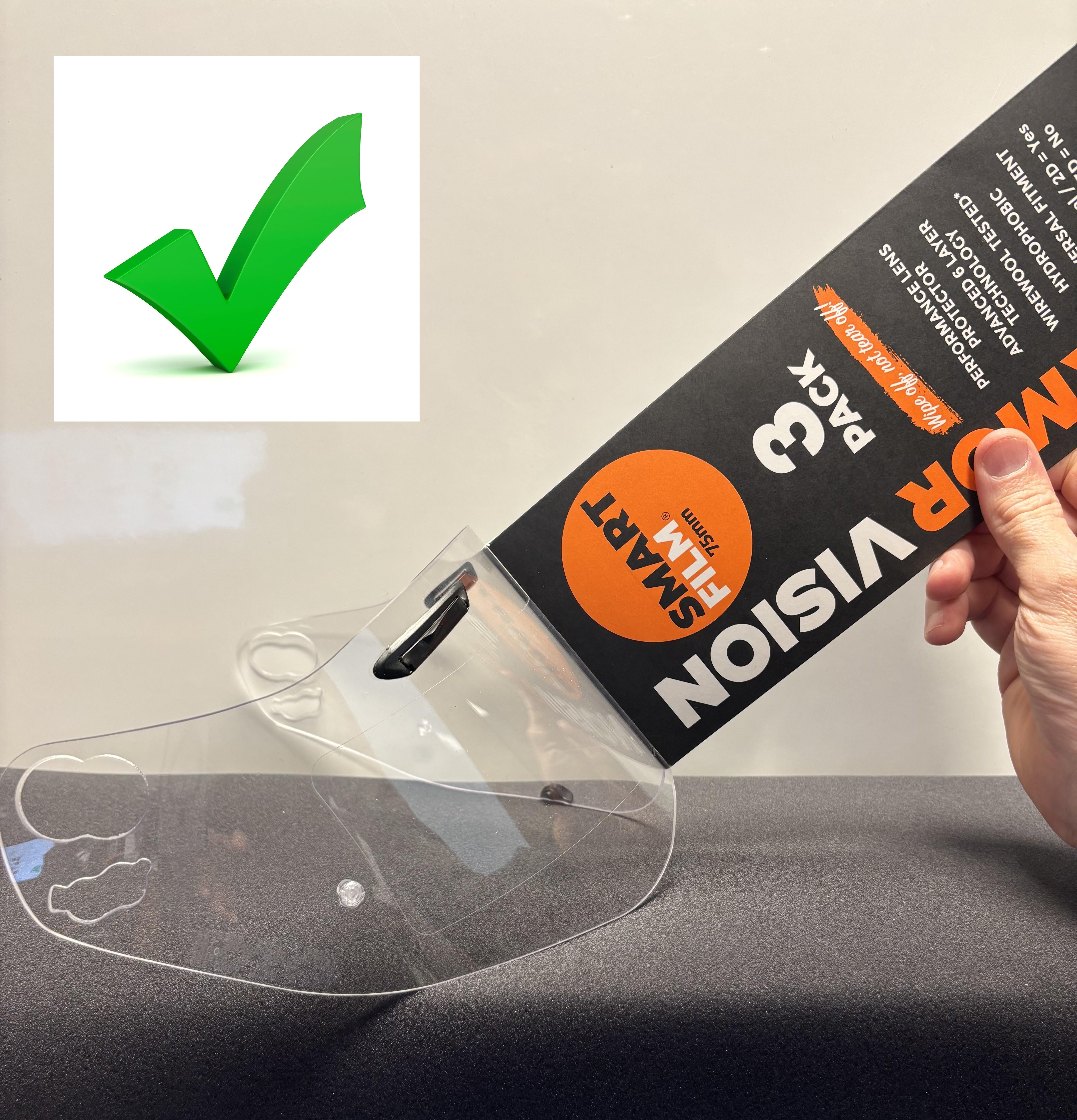 75 MM SMARTFILM RACING VISOR PROTECTOR (PACK OF 3) designed for cylindrical visors will not work with spherical visors